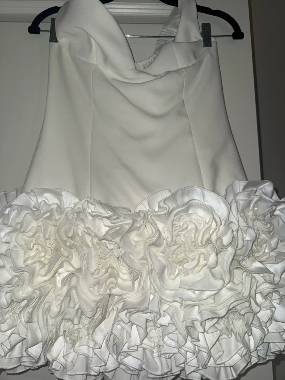 Off-Shoulder Ivory Ruffle Hem Mini Dress - Picture 3 of 5